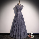 Princess High Neckline Short Sleeves Long Prom Dresses HZ1023