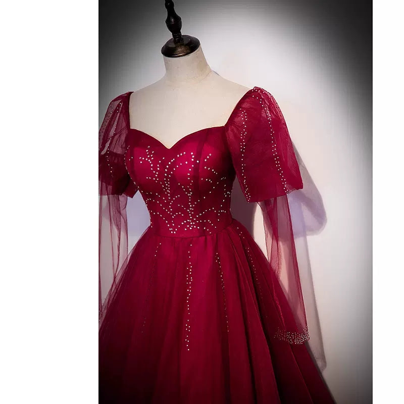 Simple A line Long Tulle Red Prom Dresses HZ1023