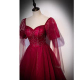 Simple A line Long Tulle Red Prom Dresses HZ1023