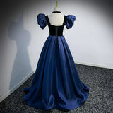 Navy Blue Puffy Sleeves Prom Dresses Sexy Evening Dress HZ1023