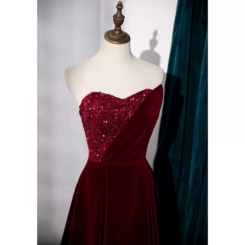 Simple A line Velvet Red Long Prom Dresses HZ1023