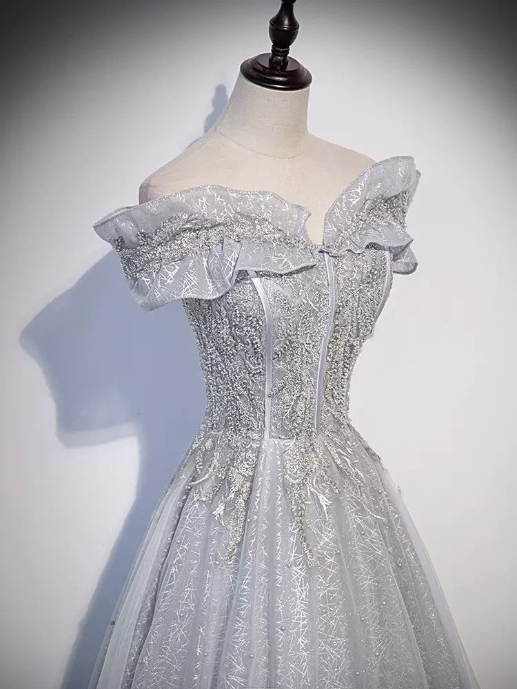 A line Off the Shoulder Silver Sequin Long Prom Dresses HZ1023