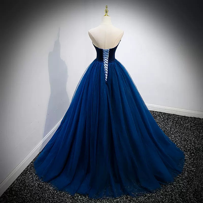 Navy Blue Tulle Strapless Prom Dresses Sexy Evening Dress HZ1023