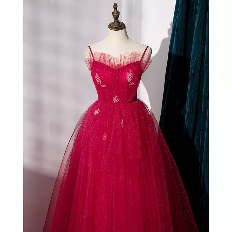 Simple A line Tulle Red Long Prom Dresses HZ1023