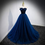 Navy Blue Tulle Strapless Prom Dresses Sexy Evening Dress HZ1023