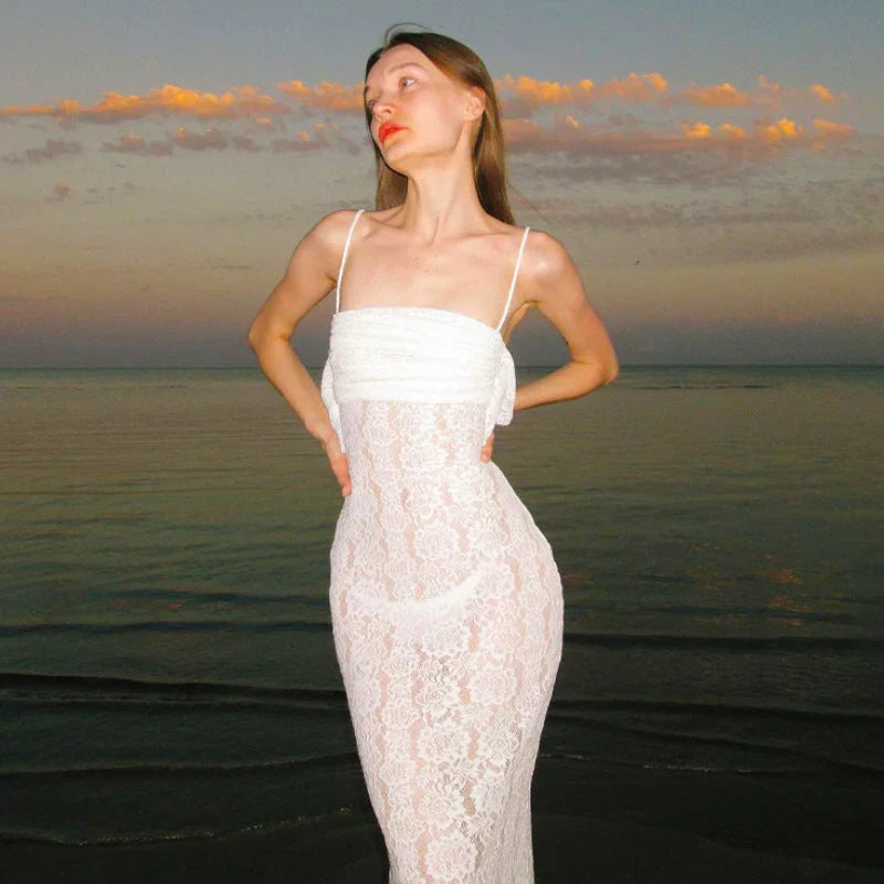 White Mermaid Spaghetti Straps Lace Long Prom Dress Evening Dress HZ1023