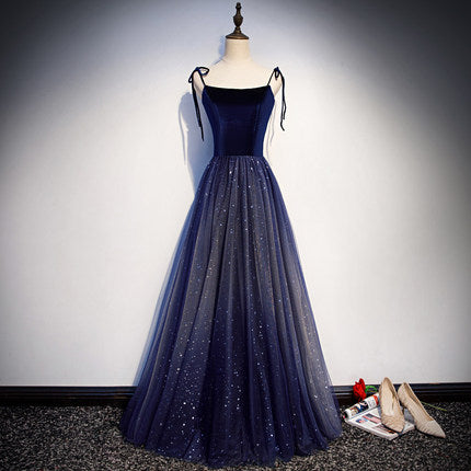 Simple A line Prom Dresses Navy Blue Tulle Evening Dress HZ1023
