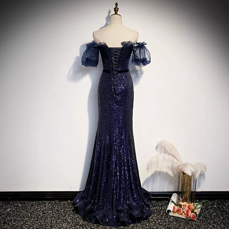 Mermaid Navy Blue Sequin Prom Dresses Sexy Evening Dress HZ1023