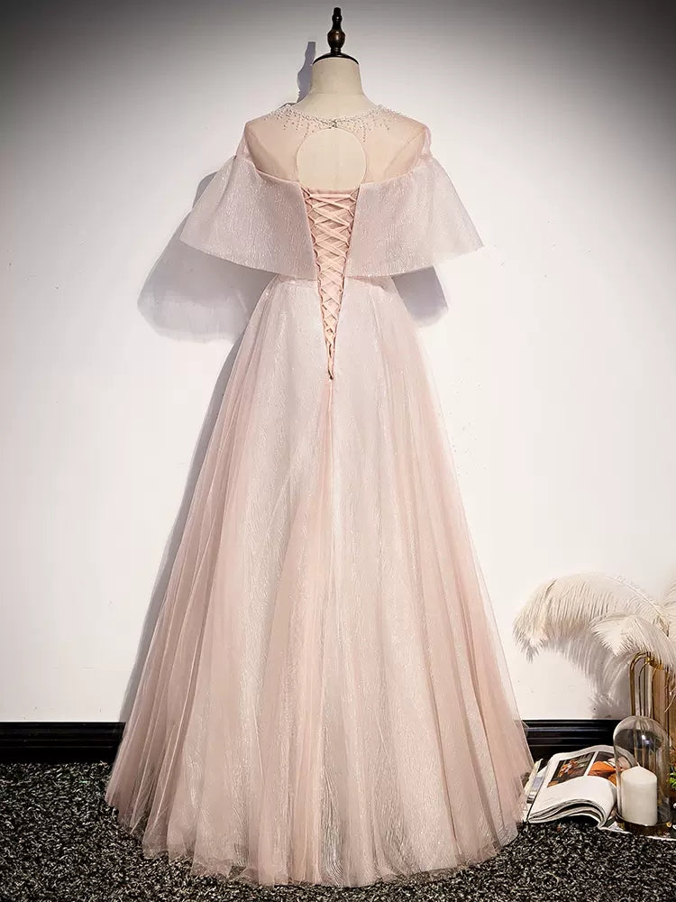 A line Short Sleeves Tulle Pink Prom Dresses HZ1023