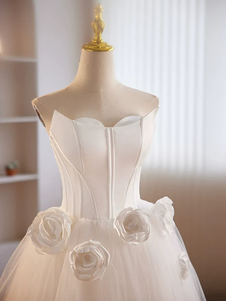 Strapless 3D Flower White Tulle Satin Short Prom Dress Homecoming Dress HZ1023