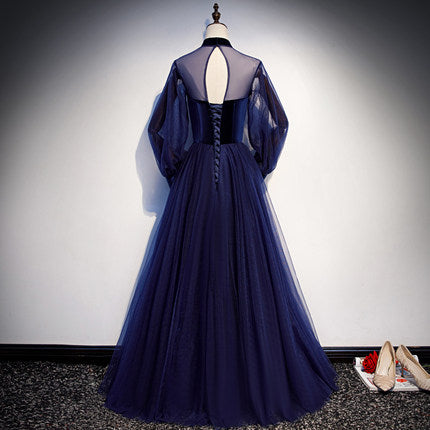 Simple A line Prom Dresses Long Sleeves Blue Tulle Evening Dress HZ1023
