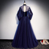 Simple A line Prom Dresses Long Sleeves Blue Tulle Evening Dress HZ1023