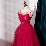 Simple A line Tulle Red Long Prom Dresses HZ1023