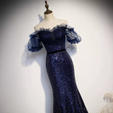 Mermaid Navy Blue Sequin Prom Dresses Sexy Evening Dress HZ1023