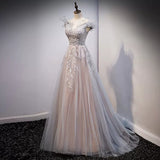 A line Tulle Long Prom Dresses HZ1023