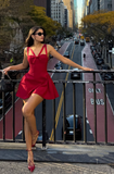 Stunning A Line Strap Red Satin Open Back Short Homecoming Dress Party Dress HZ1023