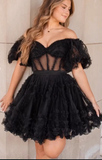 Pink Off-the-Shoulder Ruffles Puff Sleeves Homecoming Dress,Party Dress HZ1023