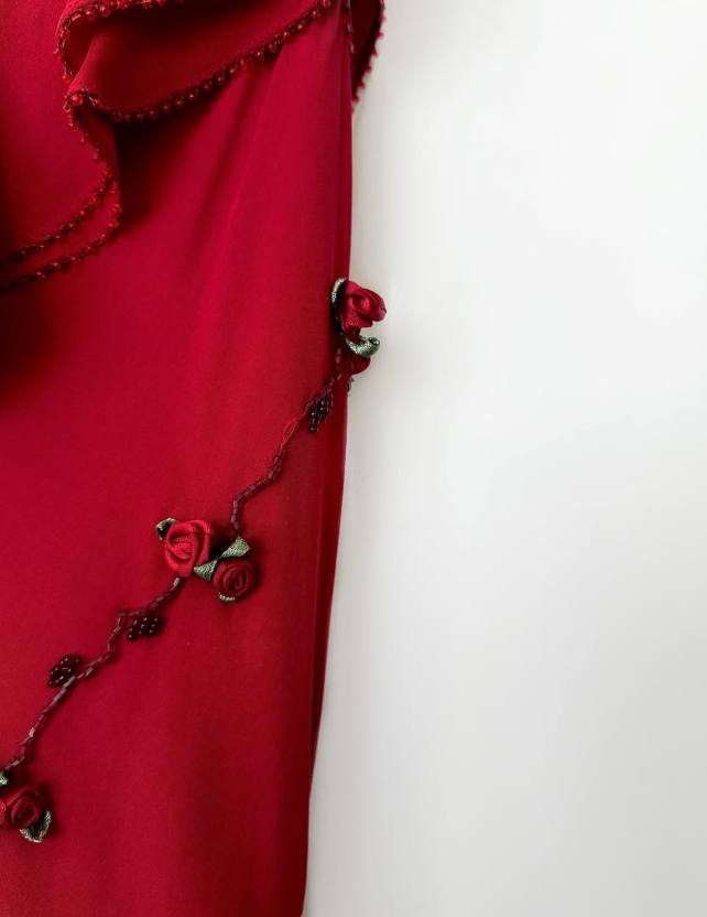 Vintage Burgundy Floral Beaded Ruffles Chiffon Prom Dress Evening Party Gowns HZ1023