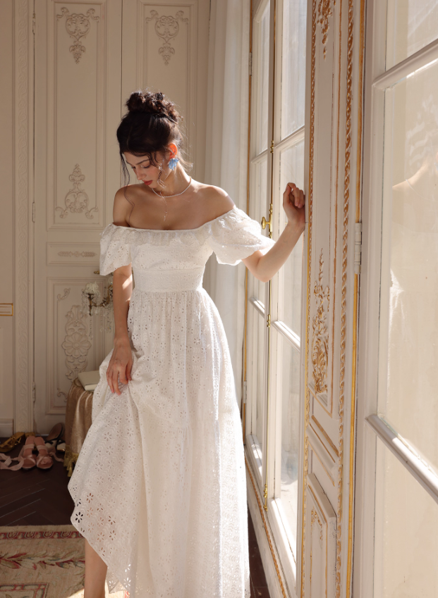Princess A Line Puff White Lace Prom Dress Party Dress HZ1023