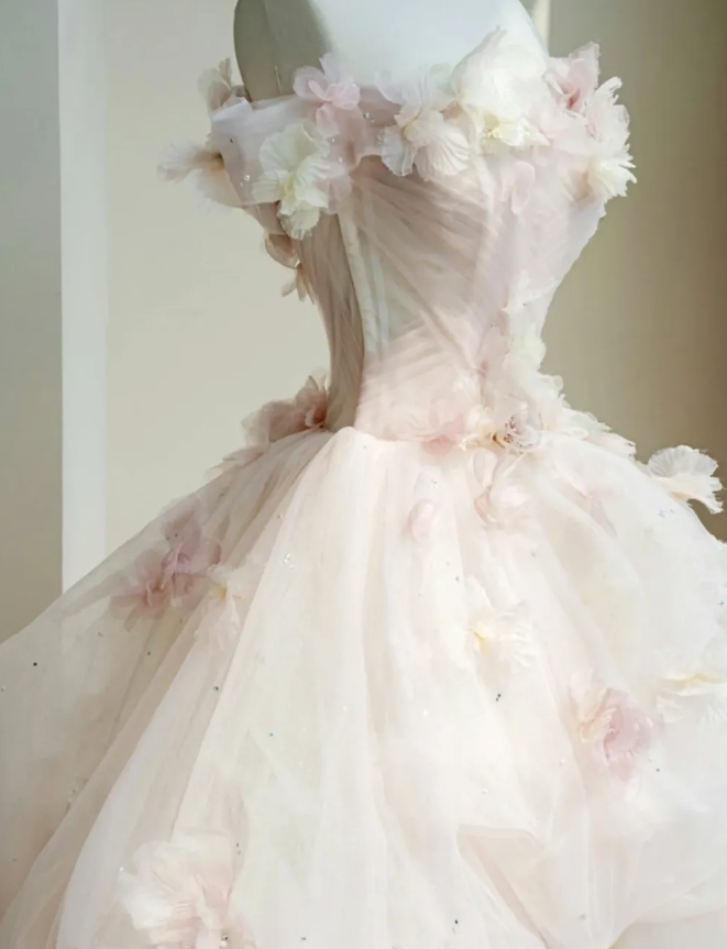 Floral A Line Off the Shoulder Pink Tulle Party Dress Evening Dress HZ1023