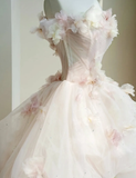 Floral A Line Off the Shoulder Pink Tulle Party Dress Evening Dress HZ1023