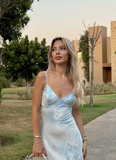 Elegant Blue Print Floral Mermaid Spaghetti Strap Satin Long Party Dress Cocktail Dress HZ1023