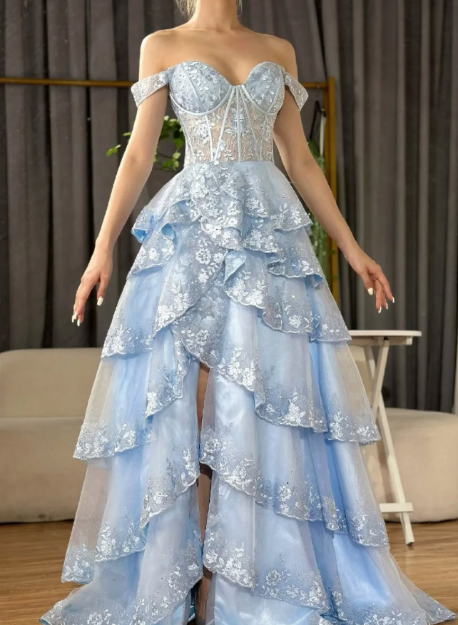 Blue A Line Off the Shoulder Appliques Tiered Petal Tulle Prom Dress Evening Dress HZ1023