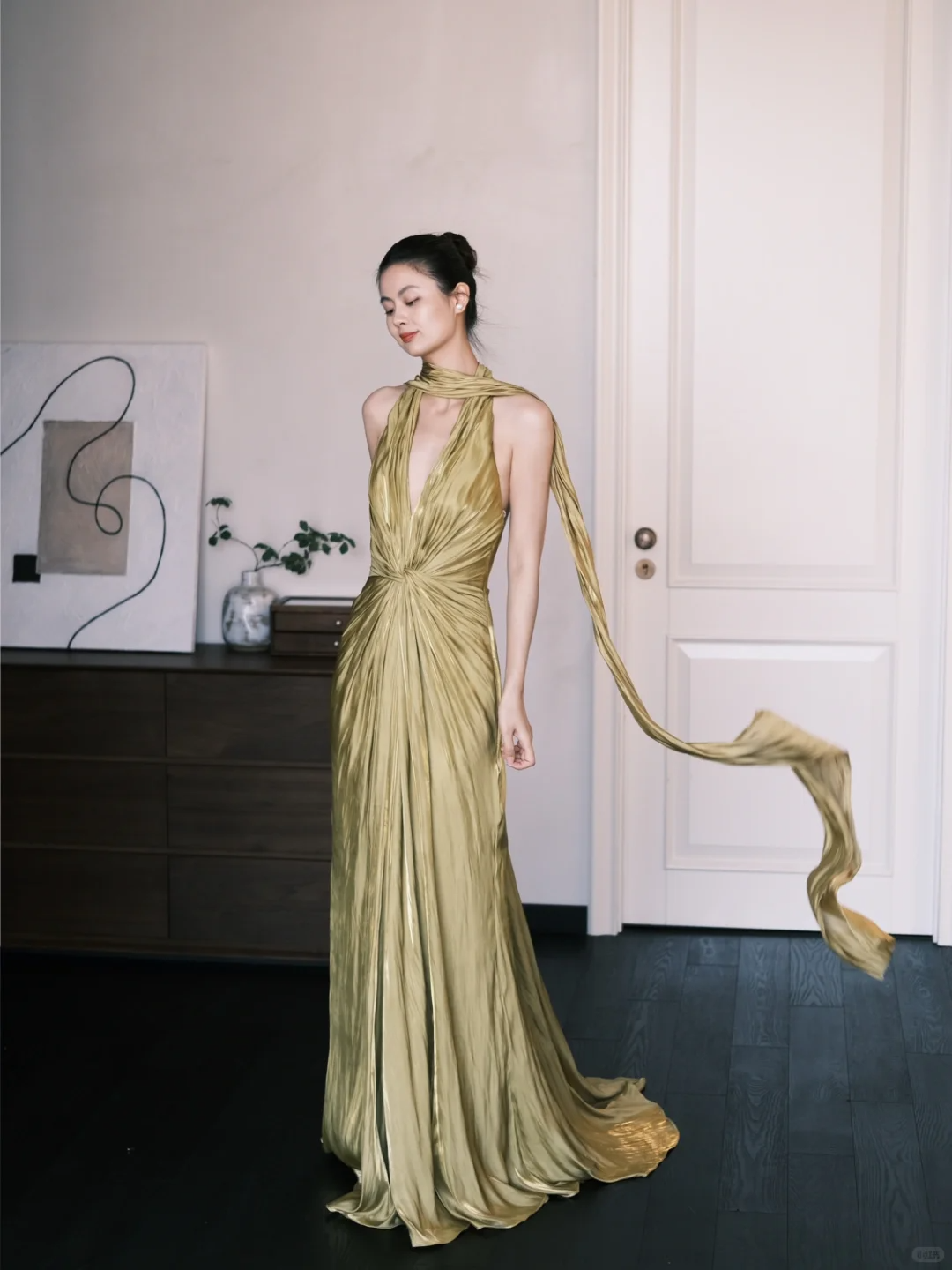 Simple Olive Green A Line V Neck Pleated Satin Prom Dress Party Dresses HZ1023