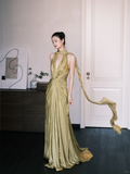 Simple Olive Green A Line V Neck Pleated Satin Prom Dress Party Dresses HZ1023