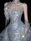 Silver Sequin Shiny Ball Gown Strapless Long Sweep Prom Dress Evening Dress Party Dress HZ1023