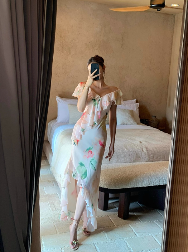 Light Pink Mermaid V Neck Print Floral Ruffle Chiffon Summer Dress Party Dress Outfits with Slit HZ1023