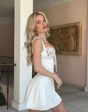 White A Line Straps Lace Satin Short Homecoming Dress Cocktail Dress HZ1023