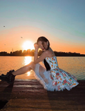 Princess A Line Spaghetti Strap Print Floral Satin Short Homecoming Dress 16th Birthday Dress HZ1023