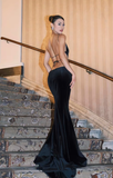 Black Mermaid Velvet Open Back Long Prom Dress Wedding Guest Dress HZ1023