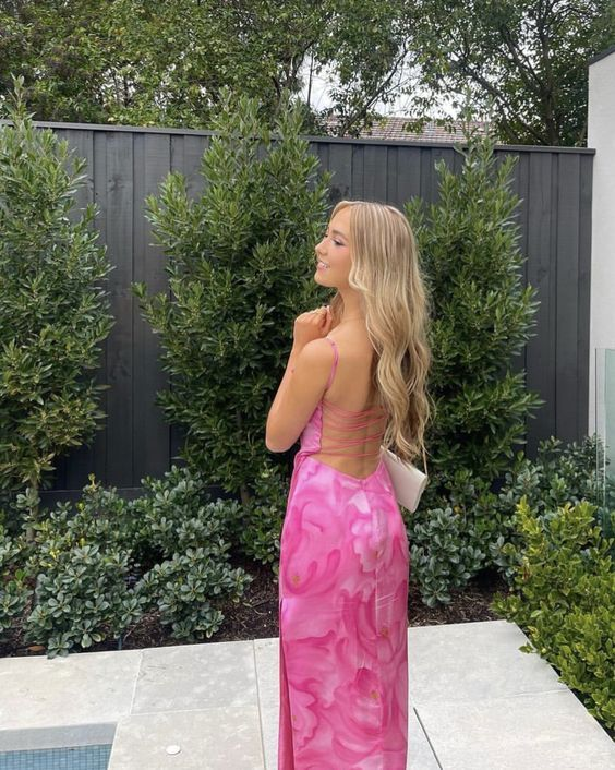 Spaghetti Straps Floral Pink Long Prom Dress Sexy Backless Party Dress HZ1023