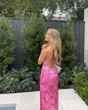 Spaghetti Straps Floral Pink Long Prom Dress Sexy Backless Party Dress HZ1023