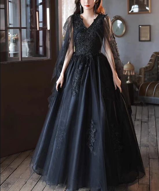 Black V neck Tulle Lace Long Prom Dresses, Elegant Formal Evening Dresses HZ1023