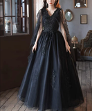 Black V neck Tulle Lace Long Prom Dresses, Elegant Formal Evening Dresses HZ1023