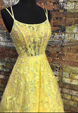 Yellow tulle lace long prom dress evening dress HZ1023