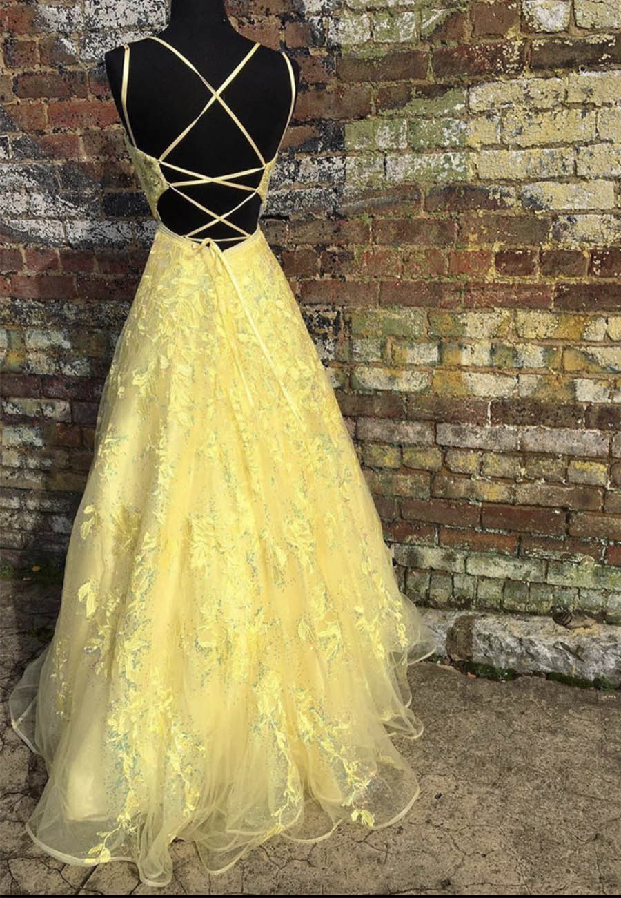 Yellow tulle lace long prom dress evening dress HZ1023