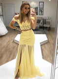 Yellow lace two pieces long prom dress, evening dress HZ1023