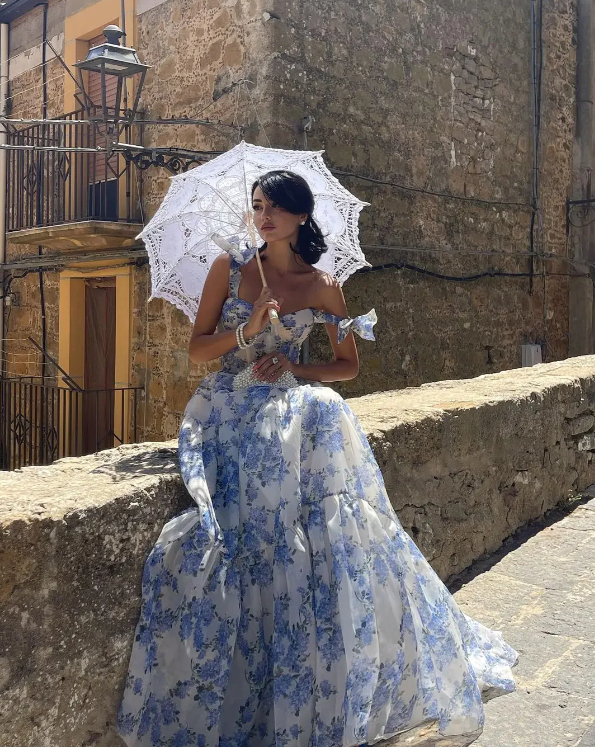 Elegant Floral Print Chiffon Long Prom Dresses Evening Dresses HZ1023
