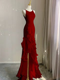 Simple Black Mermaid Spaghetti Strap Ruffle Chiffon Open Back Long Prom Dress Party Dress HZ1023