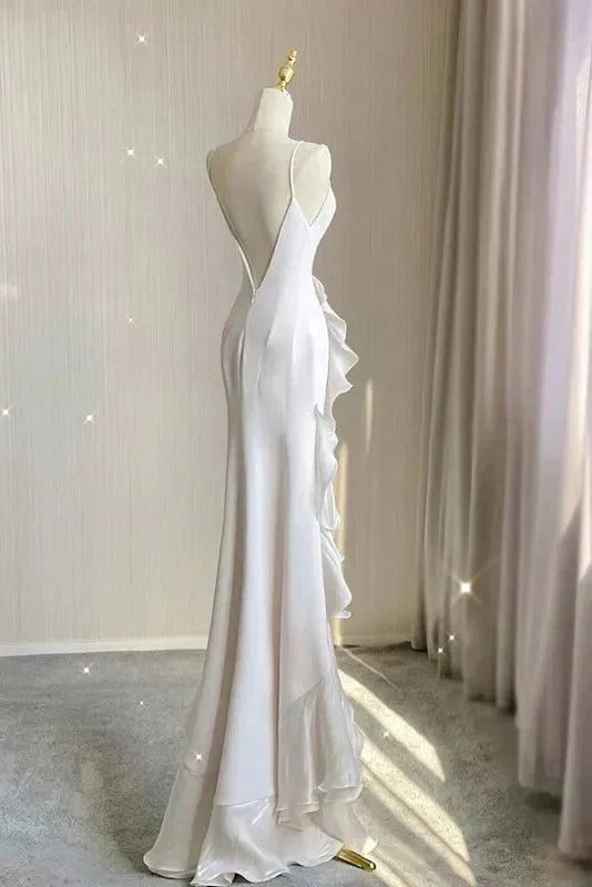 Simple Black Mermaid Spaghetti Strap Ruffle Chiffon Open Back Long Prom Dress Party Dress HZ1023