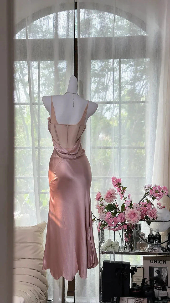 Simple Pink Mermaid Spaghetti Strap Satin Tulle Evening Dress Party Dress HZ1023