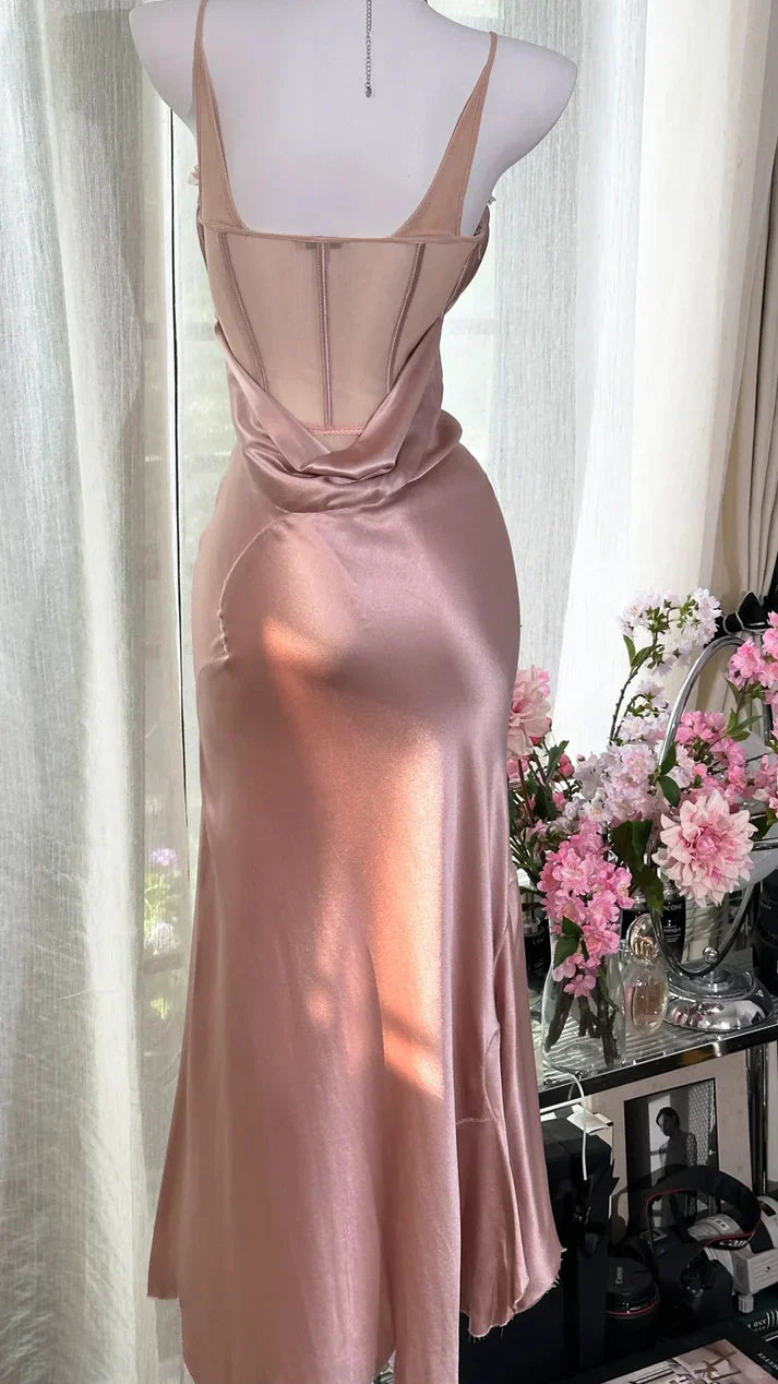 Simple Pink Mermaid Spaghetti Strap Satin Tulle Evening Dress Party Dress HZ1023