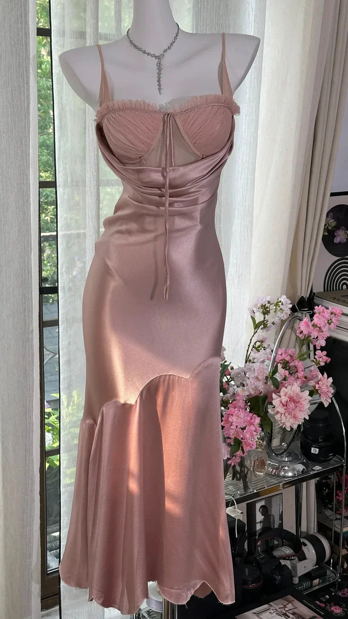 Simple Pink Mermaid Spaghetti Strap Satin Tulle Evening Dress Party Dress HZ1023