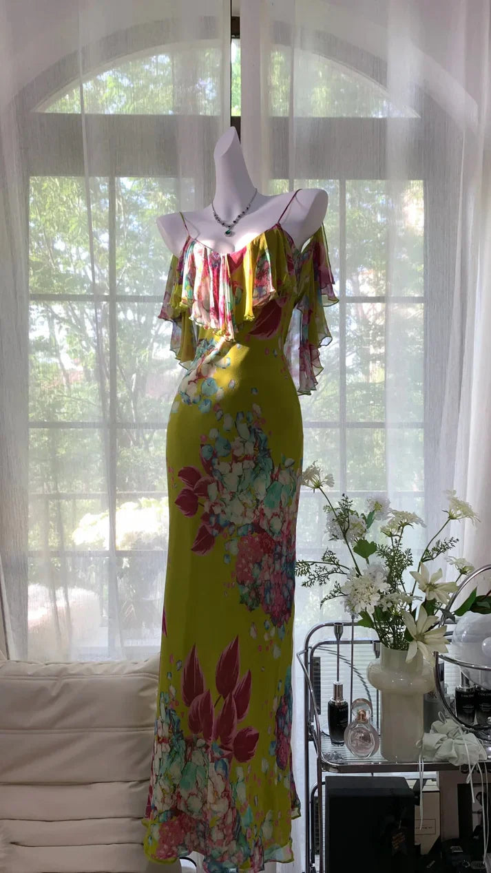 Green Print Floral Mermaid Spaghetti Strap Chiffon Backless Evening Dress Party Dress HZ1023