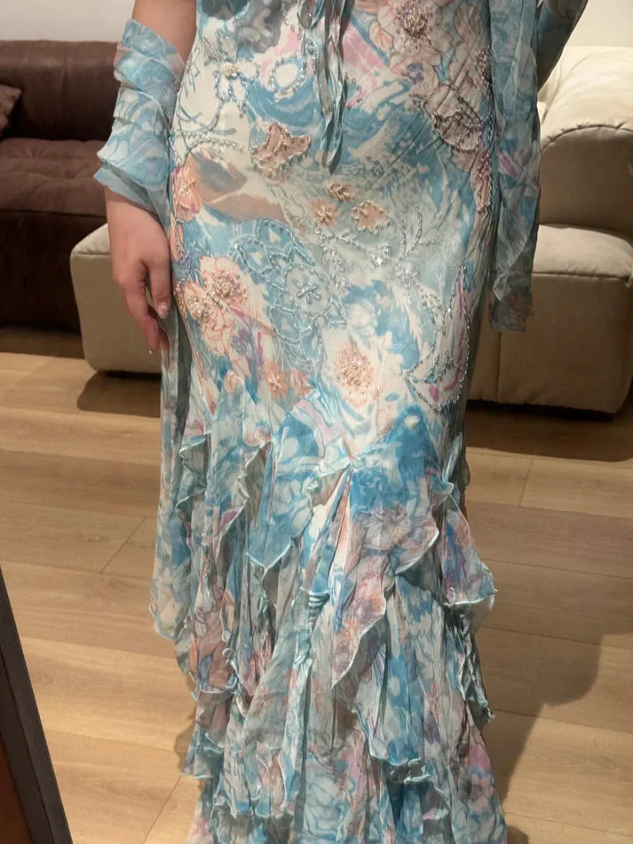 Vintage Mermaid Spaghetti Strap Blue Ruffle Layered Prom Dress Party Dress HZ1023