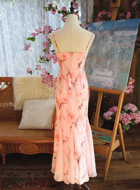 Print Floral Mermaid Spaghetti Strap Beaded Chiffon Evening Dress Party Dress HZ1023